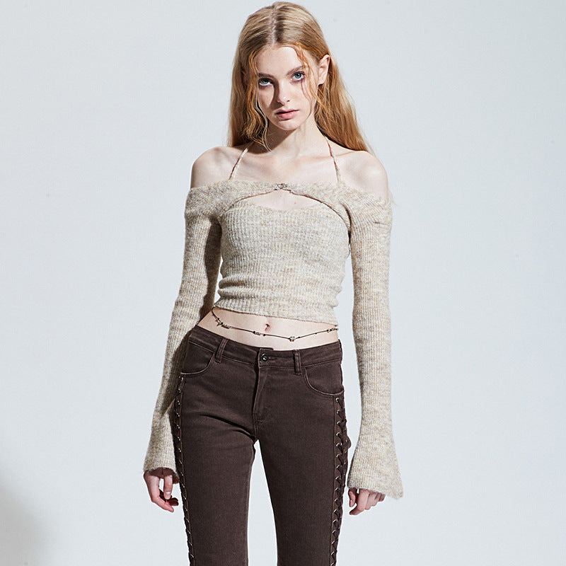 Clearance Hot Girl girl group one-line shoulder sweater sweater cardigan top female design sense pure desire to hang neck suspender vest