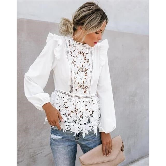 ebay Aliexpress 2019 Europe and the United States autumn explosive sexy hollow lace splicing long sleeve ruffled top woman