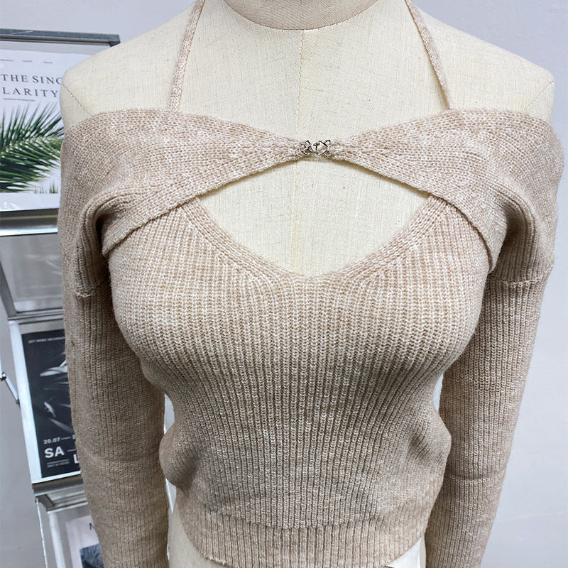Clearance Hot Girl girl group one-line shoulder sweater sweater cardigan top female design sense pure desire to hang neck suspender vest