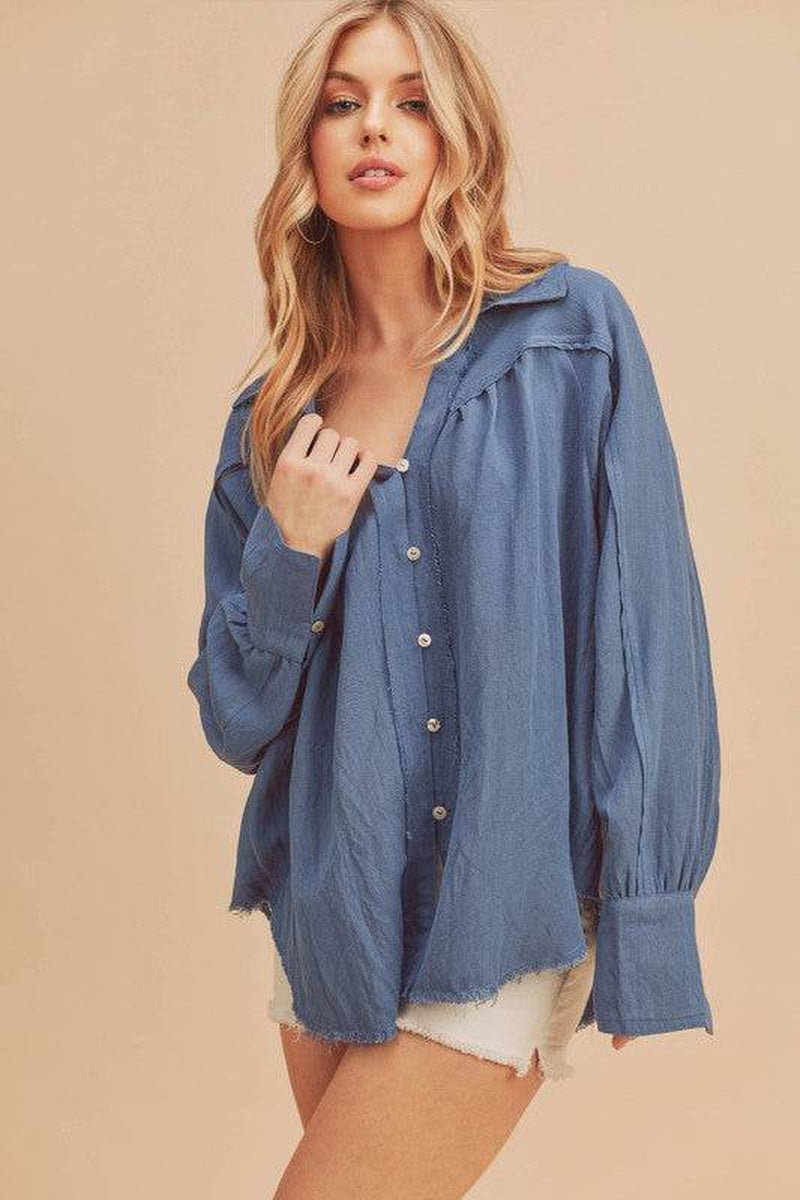 Elevate Your Style with the Aemi + Co Raw Hem Button Down Raglan Sleeve Shirt