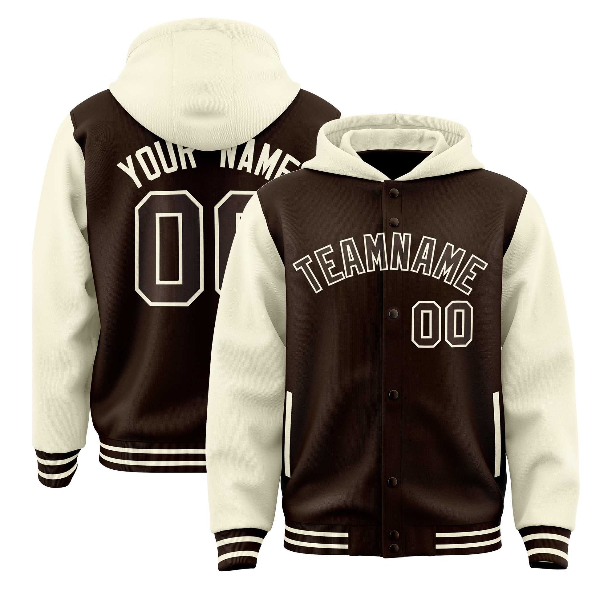 Stay Cozy and Stylish with Our Customizable Brown Cream Varsity Full-Snap Hoodie Jacket