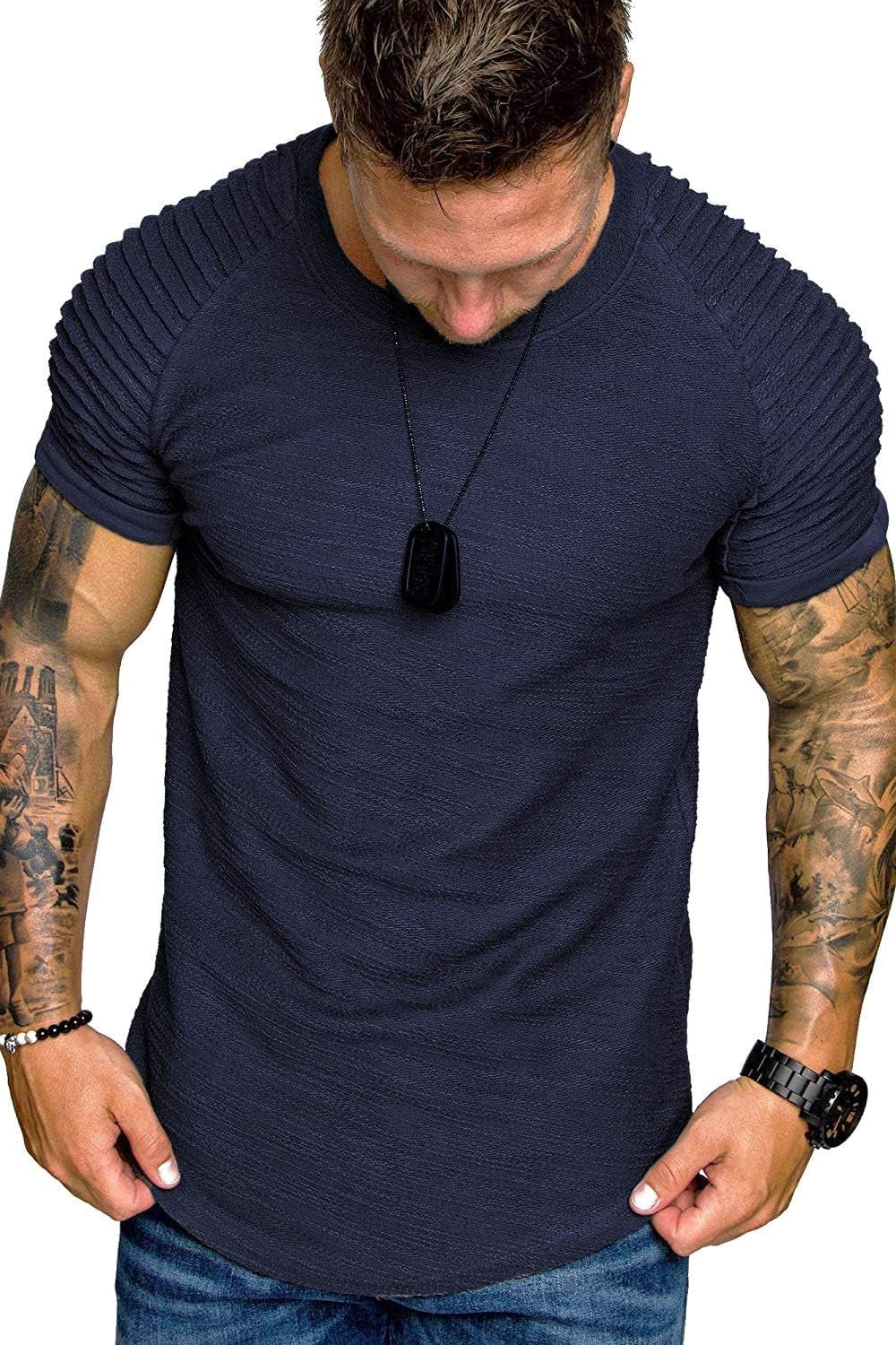 Elevate Your Workout with Our Mens 2-Pack Fitted T-Shirts - Stylish Pleats Sleeve Muscle Gym Tees