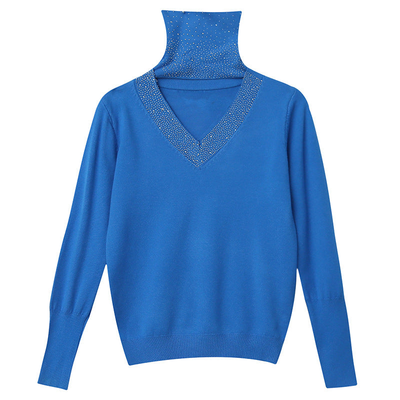 Elegant Cotton Turtleneck Sweater with Rhinestone V-Neck