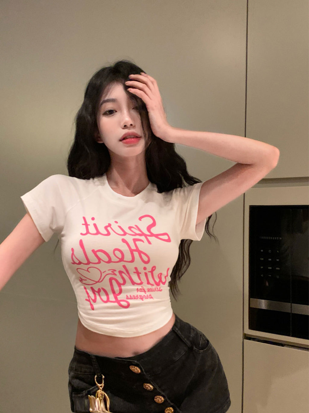 Sweet and spicy printed T-shirt women's ins tide summer white spice girl thin style high waist tight sexy short sleeve short style top