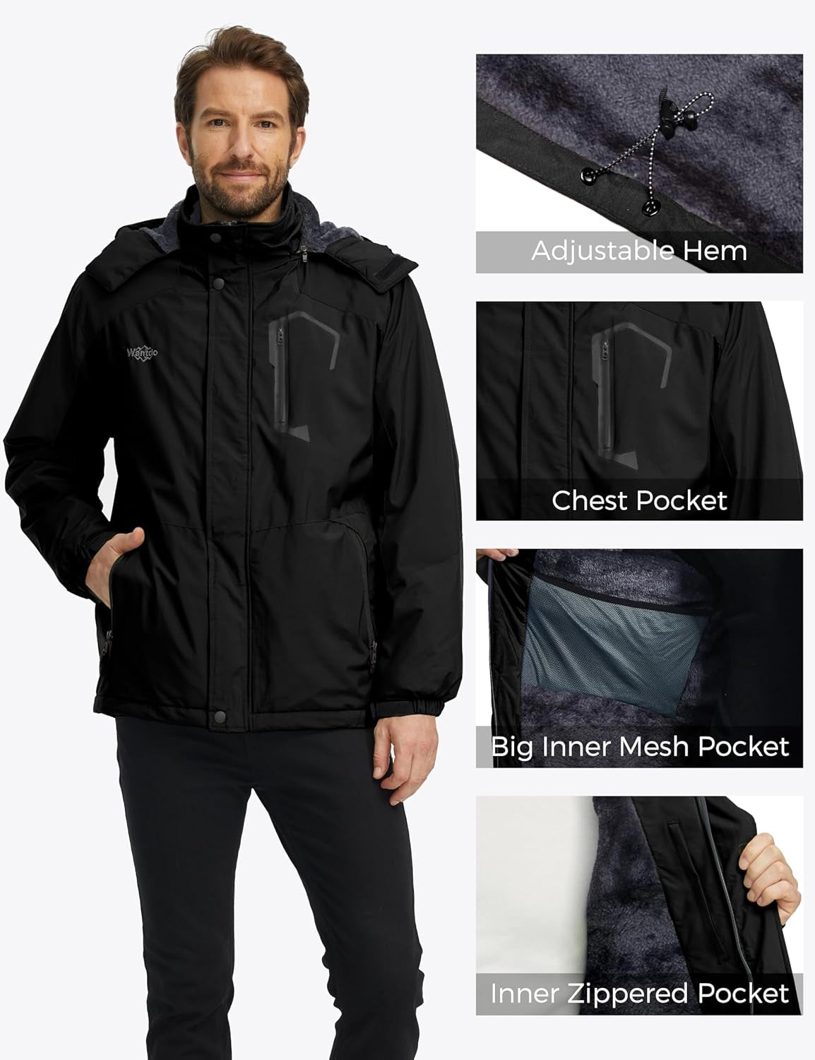 Men's Insulated Waterproof Ski Jacket - Windproof Hooded Winter Coat