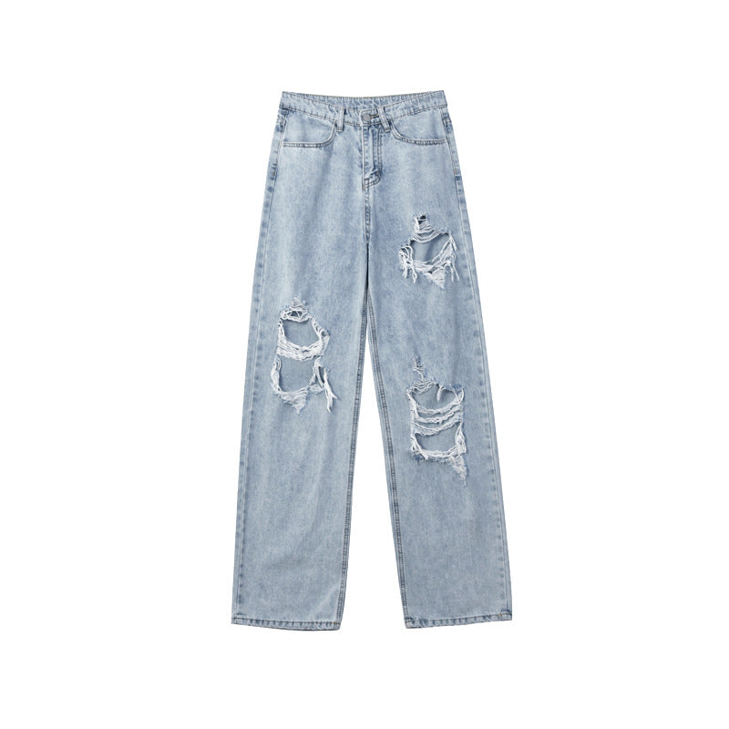 New spring/summer 2022 plus-size fat mm high waist ripped jeans for women with a wide leg Hyuna straight pants