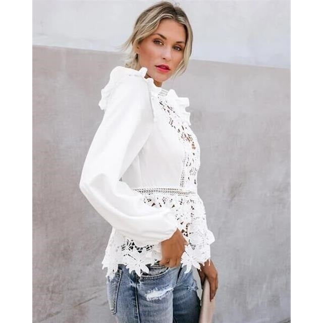 ebay Aliexpress 2019 Europe and the United States autumn explosive sexy hollow lace splicing long sleeve ruffled top woman
