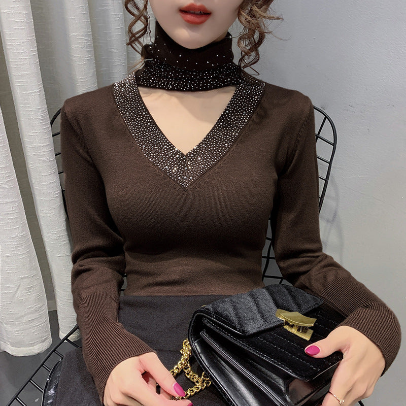 Elegant Cotton Turtleneck Sweater with Rhinestone V-Neck