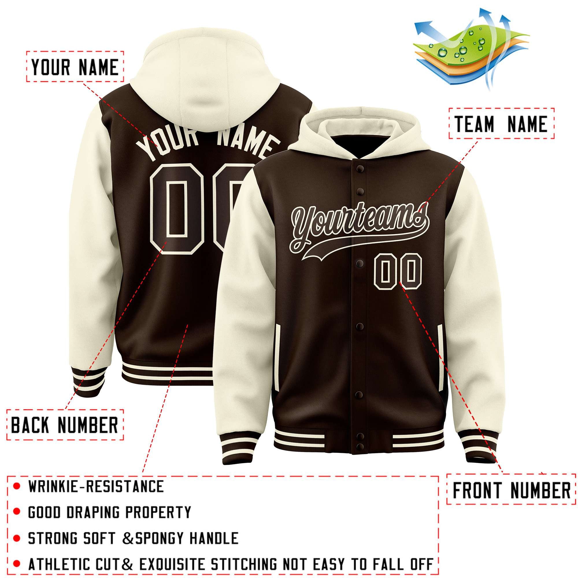 Stay Cozy and Stylish with Our Customizable Brown Cream Varsity Full-Snap Hoodie Jacket