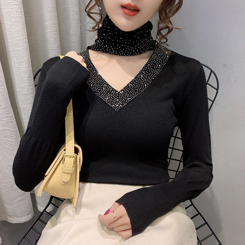 Elegant Cotton Turtleneck Sweater with Rhinestone V-Neck