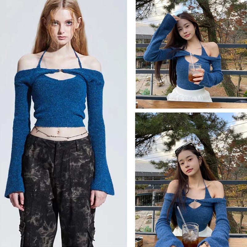 Clearance Hot Girl girl group one-line shoulder sweater sweater cardigan top female design sense pure desire to hang neck suspender vest
