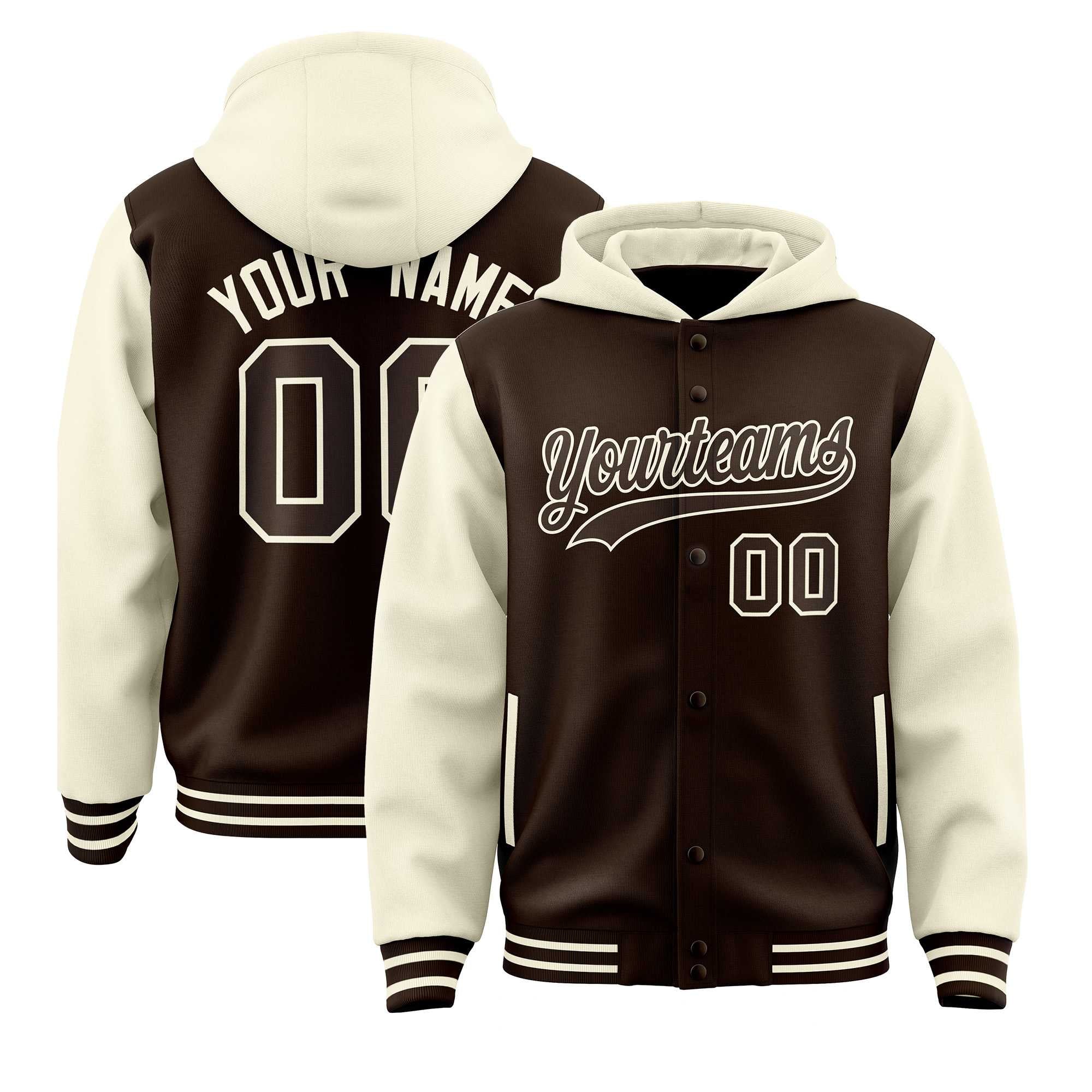 Stay Cozy and Stylish with Our Customizable Brown Cream Varsity Full-Snap Hoodie Jacket