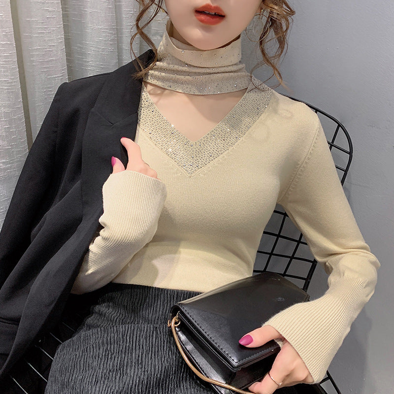 Elegant Cotton Turtleneck Sweater with Rhinestone V-Neck