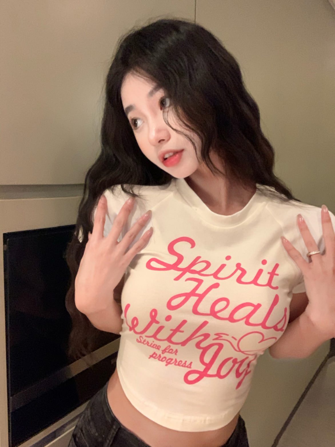 Sweet and spicy printed T-shirt women's ins tide summer white spice girl thin style high waist tight sexy short sleeve short style top