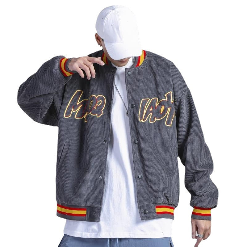 Single breasted hipster baseball jacket side seam pocket loose young cotton casual men's jacket