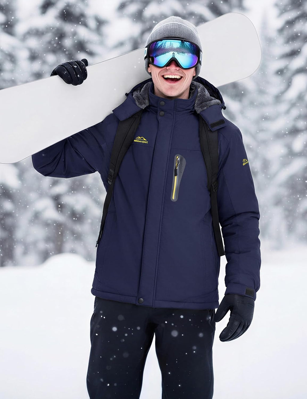 Men's Waterproof Winter Jacket Featuring Fleece Lining, Hood, and Multiple Pockets for Skiing and Snowboarding