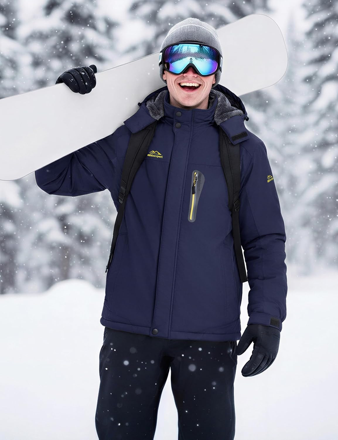 Men's Waterproof Winter Jacket Featuring Fleece Lining, Hood, and Multiple Pockets for Skiing and Snowboarding