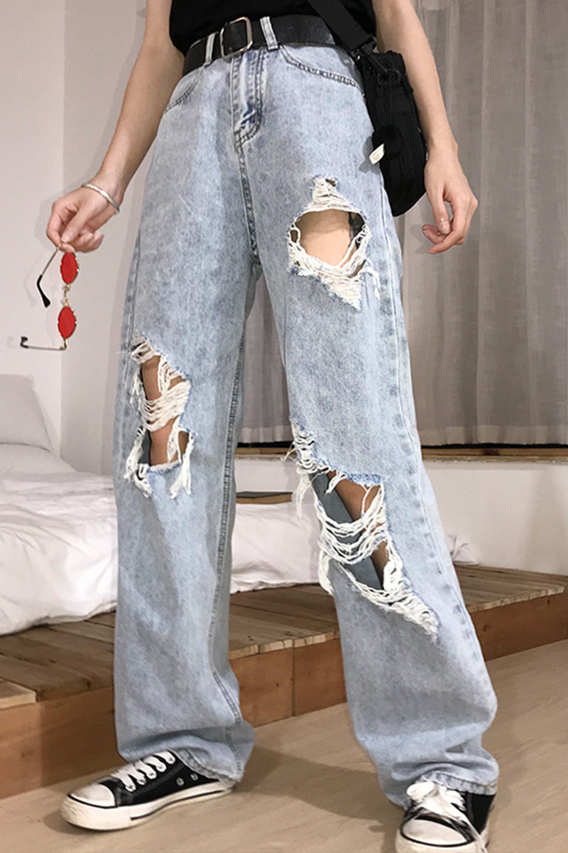 New spring/summer 2022 plus-size fat mm high waist ripped jeans for women with a wide leg Hyuna straight pants