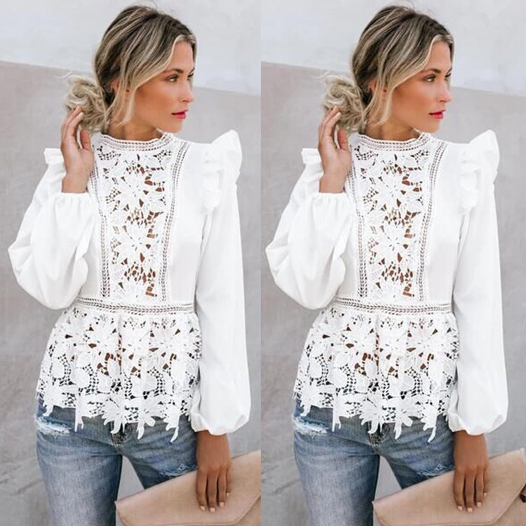 ebay Aliexpress 2019 Europe and the United States autumn explosive sexy hollow lace splicing long sleeve ruffled top woman