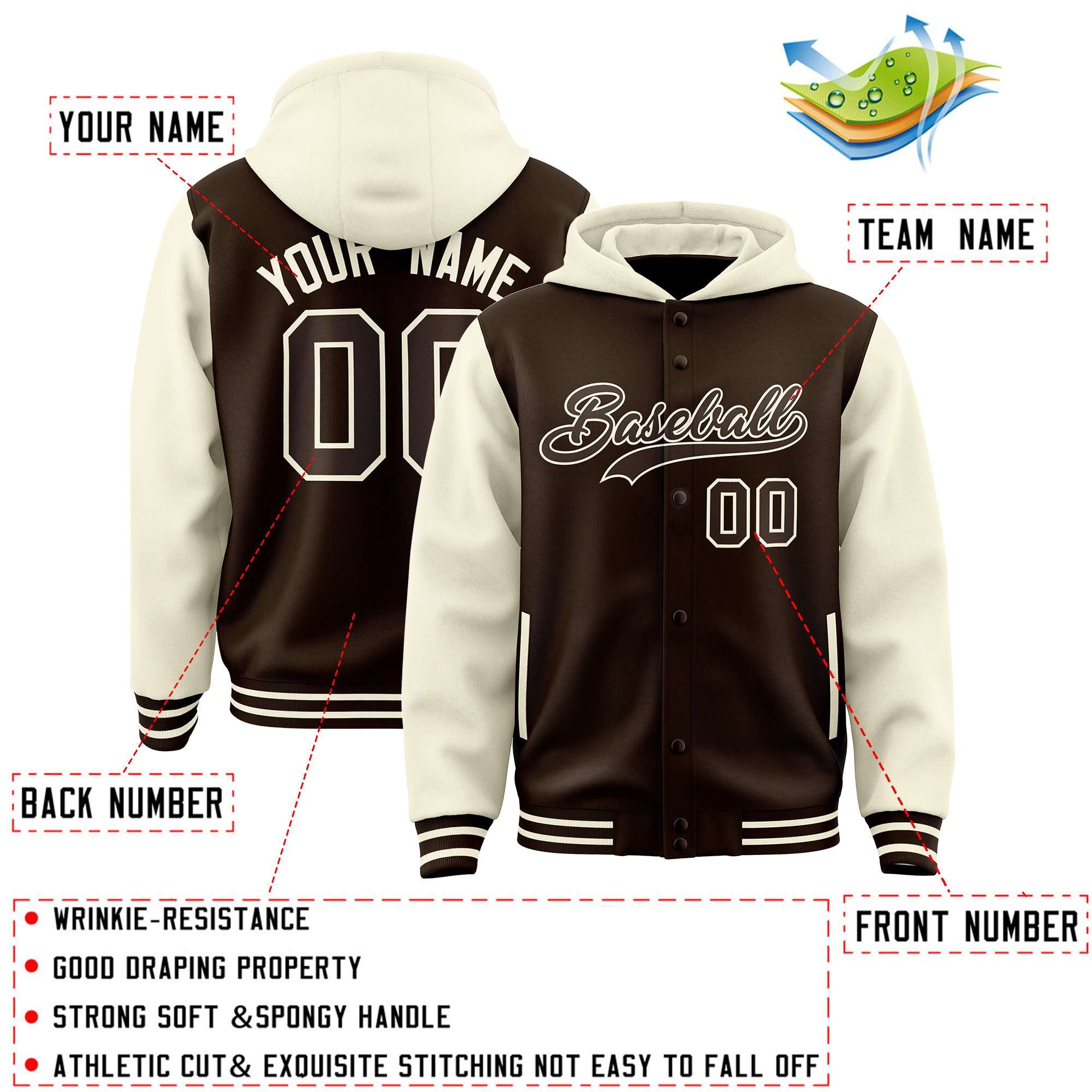 Stay Cozy and Stylish with Our Customizable Brown Cream Varsity Full-Snap Hoodie Jacket