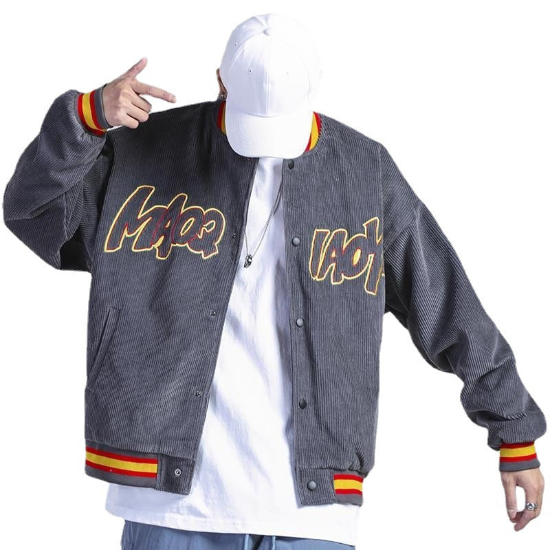 Single breasted hipster baseball jacket side seam pocket loose young cotton casual men's jacket