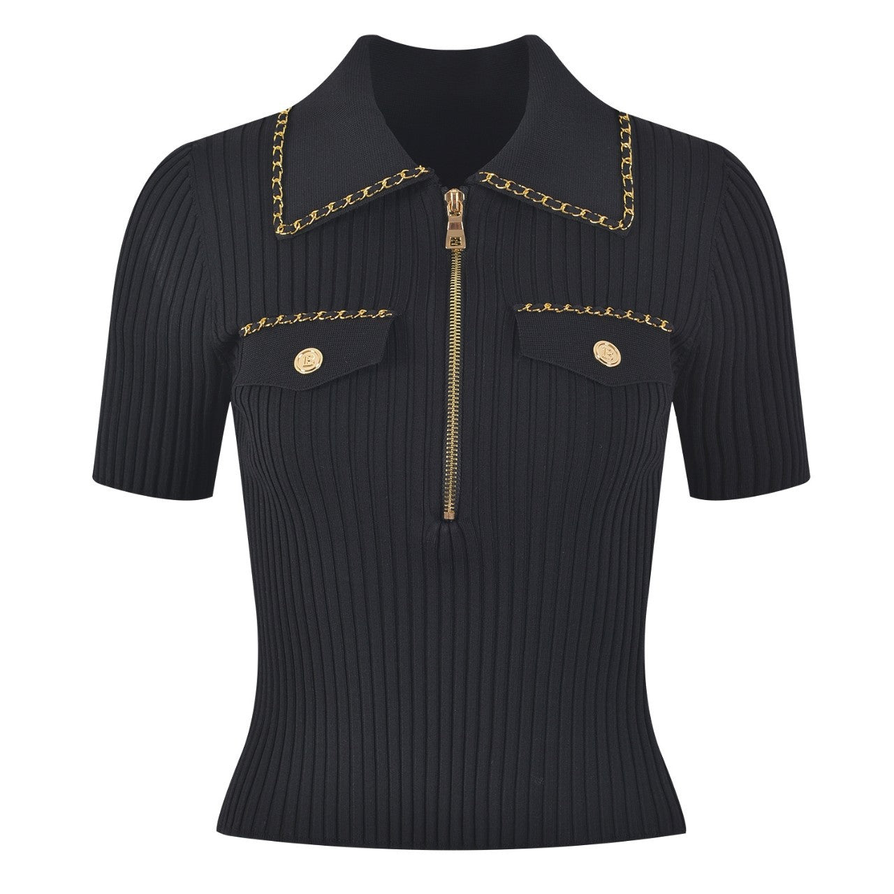 High-end version of Paris fashion black zip-up lapel gold buckle chain short sleeve T-shirt femininity knitwear top trend