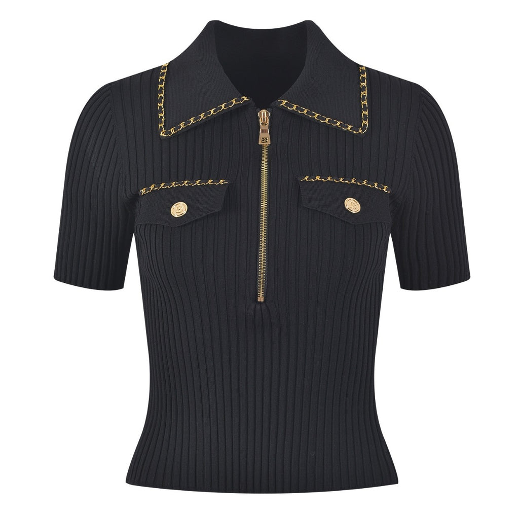 High-end version of Paris fashion black zip-up lapel gold buckle chain short sleeve T-shirt femininity knitwear top trend