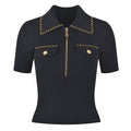 High-end version of Paris fashion black zip-up lapel gold buckle chain short sleeve T-shirt femininity knitwear top trend