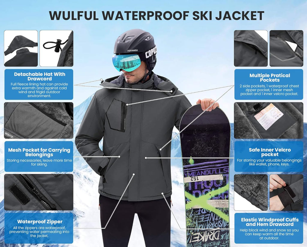 Men's Waterproof Ski Jacket - Insulated Windproof Winter Coat with Fleece Lining and Hood