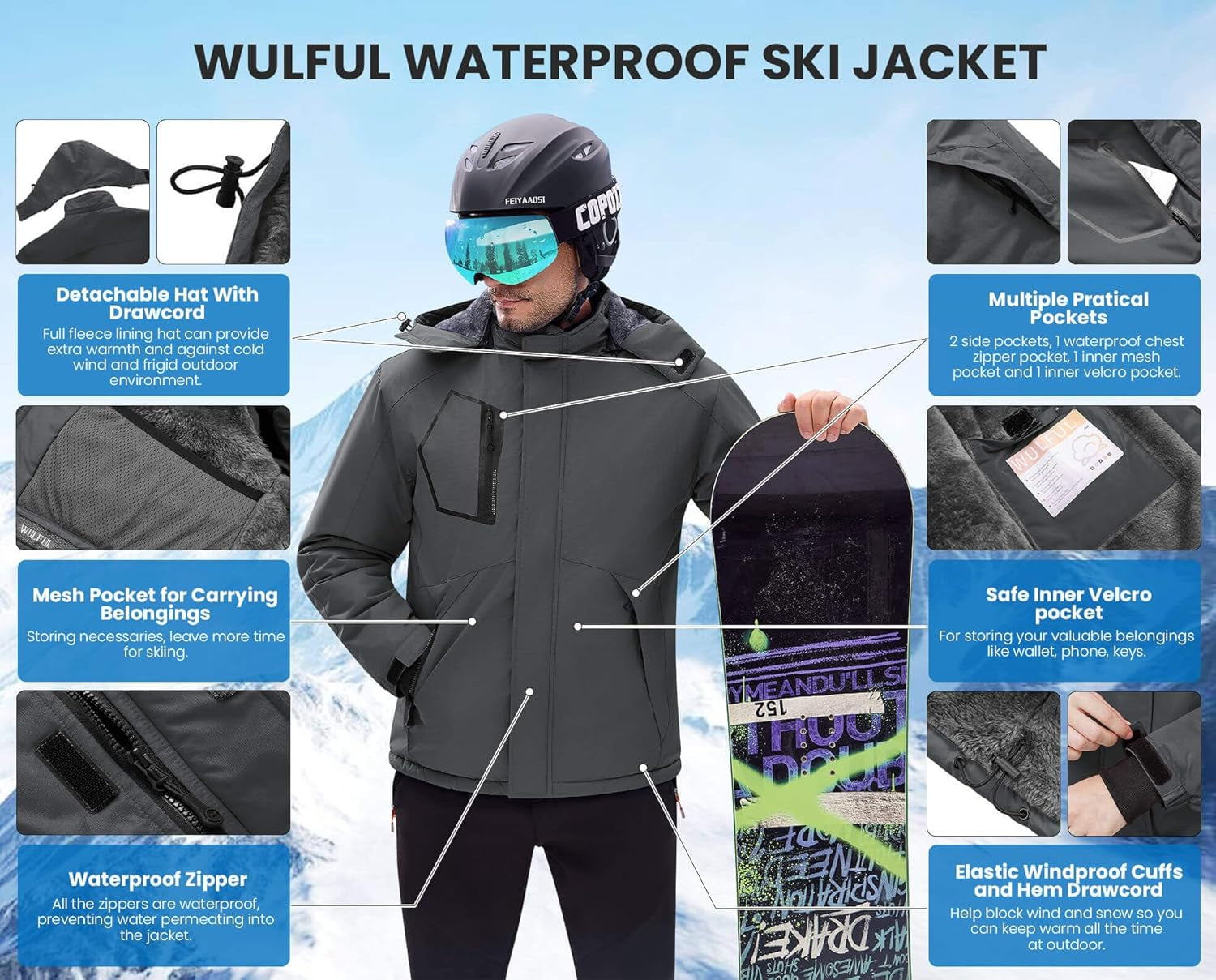 Men's Waterproof Ski Jacket - Insulated Windproof Winter Coat with Fleece Lining and Hood