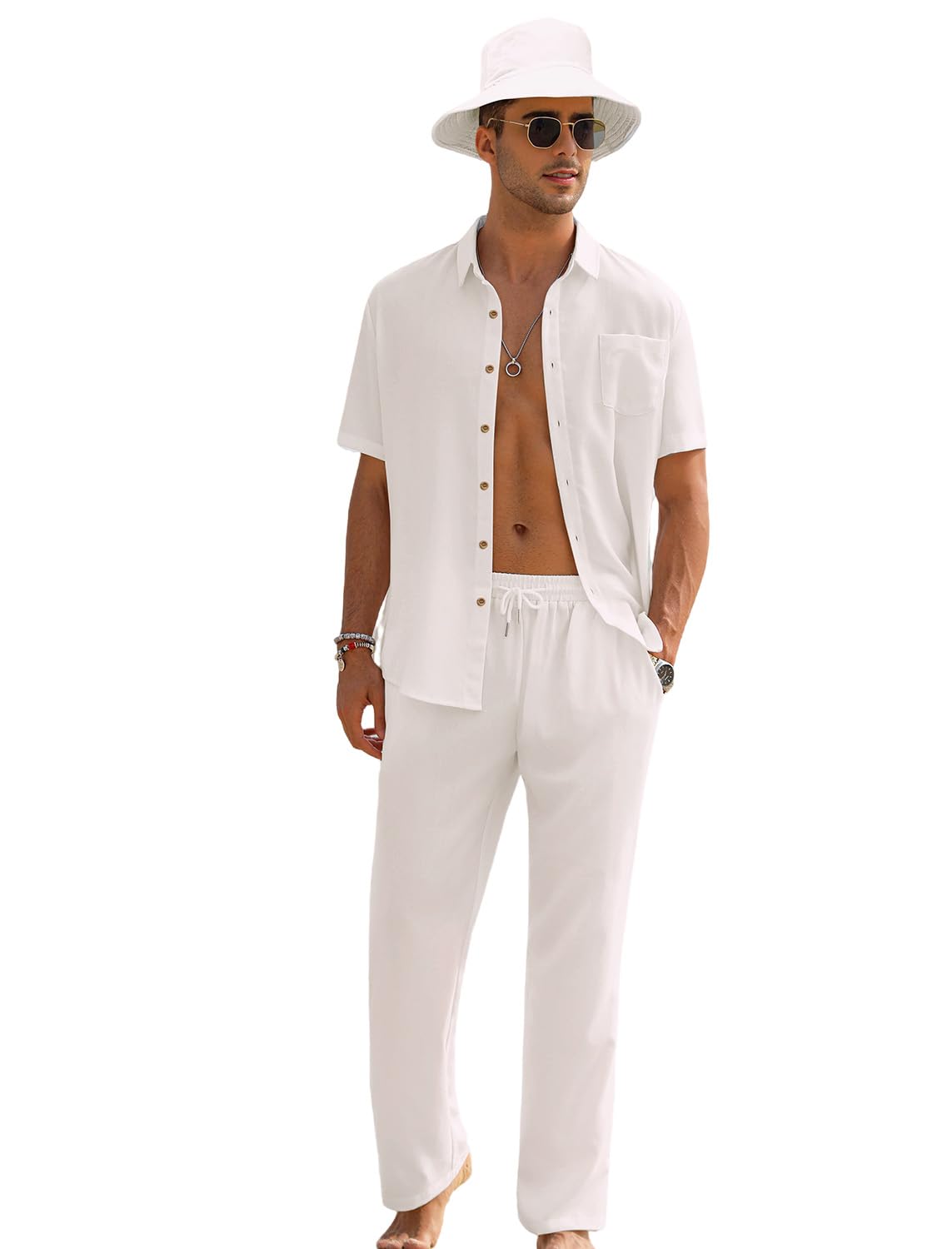 EISHOPEER Men's Linen Beachwear Set with Shirt & Pants in White XXL