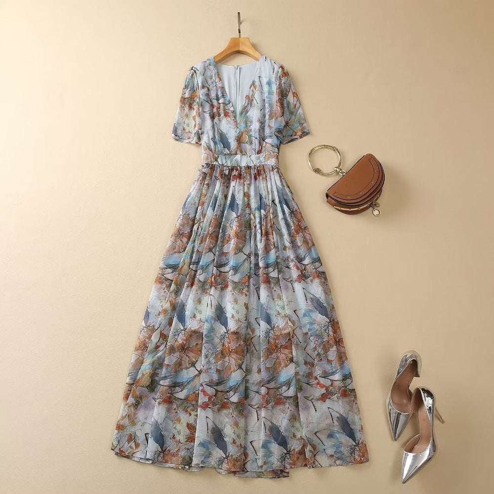 XXL cross-border foreign trade 2023 spring and summer new women's V-neck short sleeve abstract print waist waist long dress