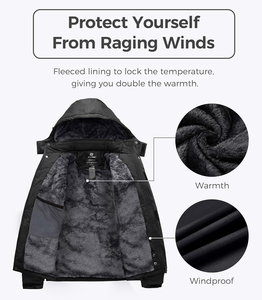 Men's Insulated Waterproof Ski Jacket - Windproof Hooded Winter Coat