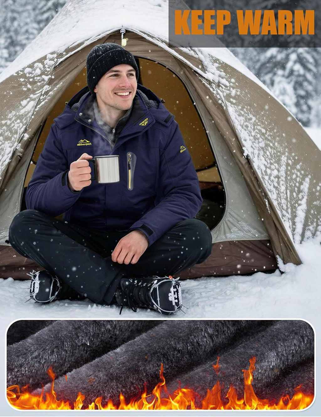Men's Waterproof Winter Jacket Featuring Fleece Lining, Hood, and Multiple Pockets for Skiing and Snowboarding