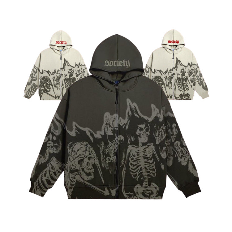 Amazon wish European and American couples street wear retro skull print Goth style zipper cardigan hoodie