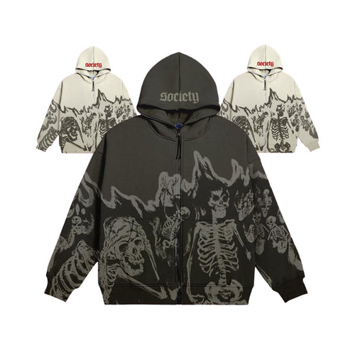 Amazon wish European and American couples street wear retro skull print Goth style zipper cardigan hoodie
