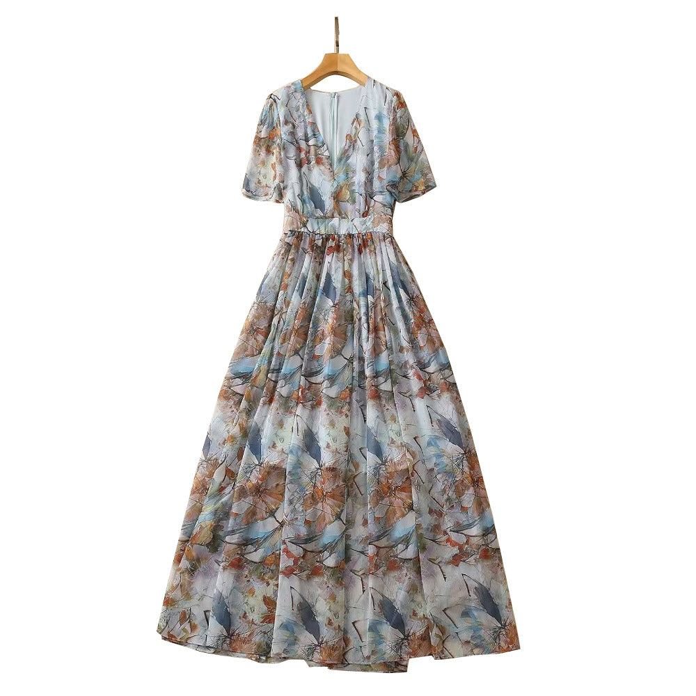 XXL cross-border foreign trade 2023 spring and summer new women's V-neck short sleeve abstract print waist waist long dress