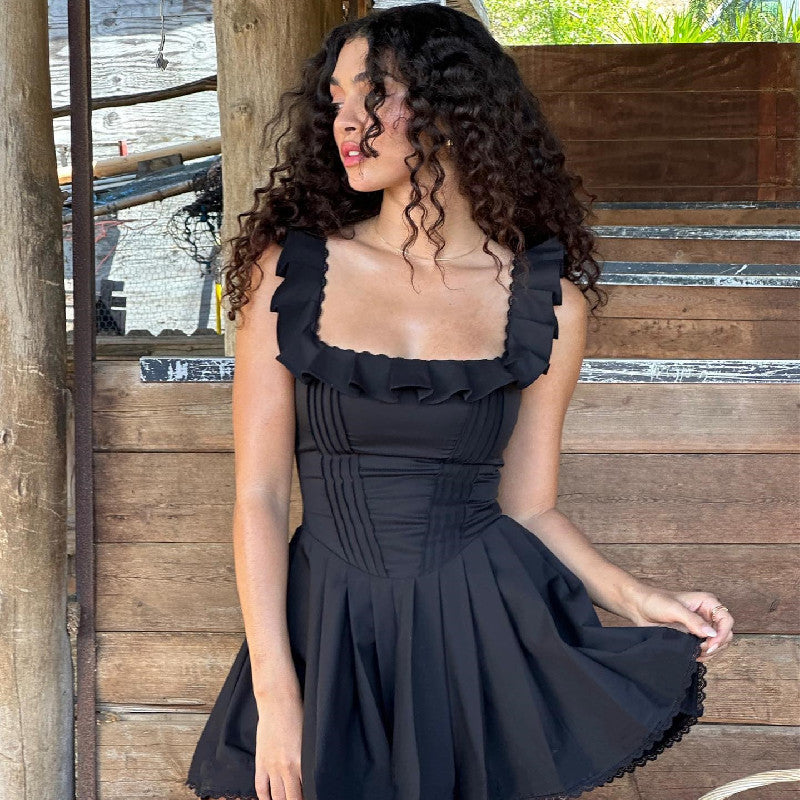 Foreign trade Amazon ins Europe and the United States summer new French style temperament square collar wooden ear side fishbone corset dress female