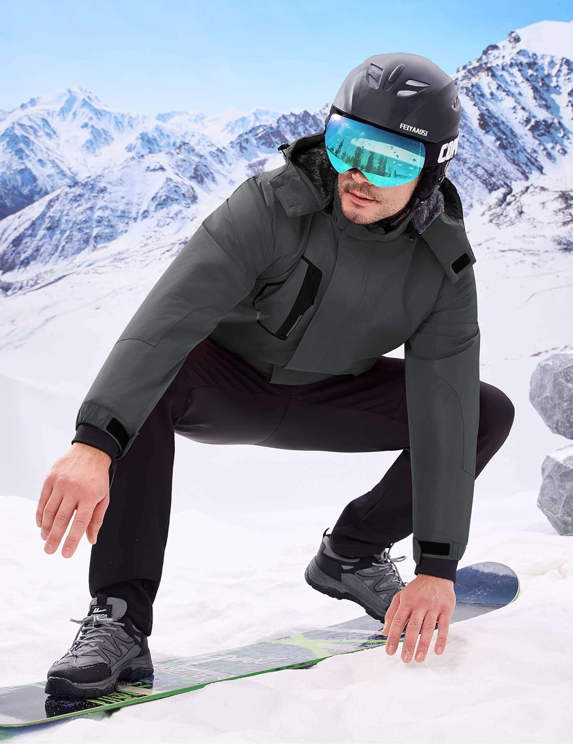 Men's Waterproof Ski Jacket - Insulated Windproof Winter Coat with Fleece Lining and Hood