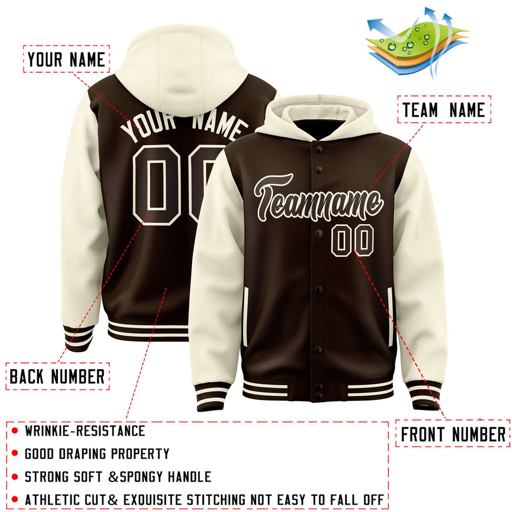 Stay Cozy and Stylish with Our Customizable Brown Cream Varsity Full-Snap Hoodie Jacket