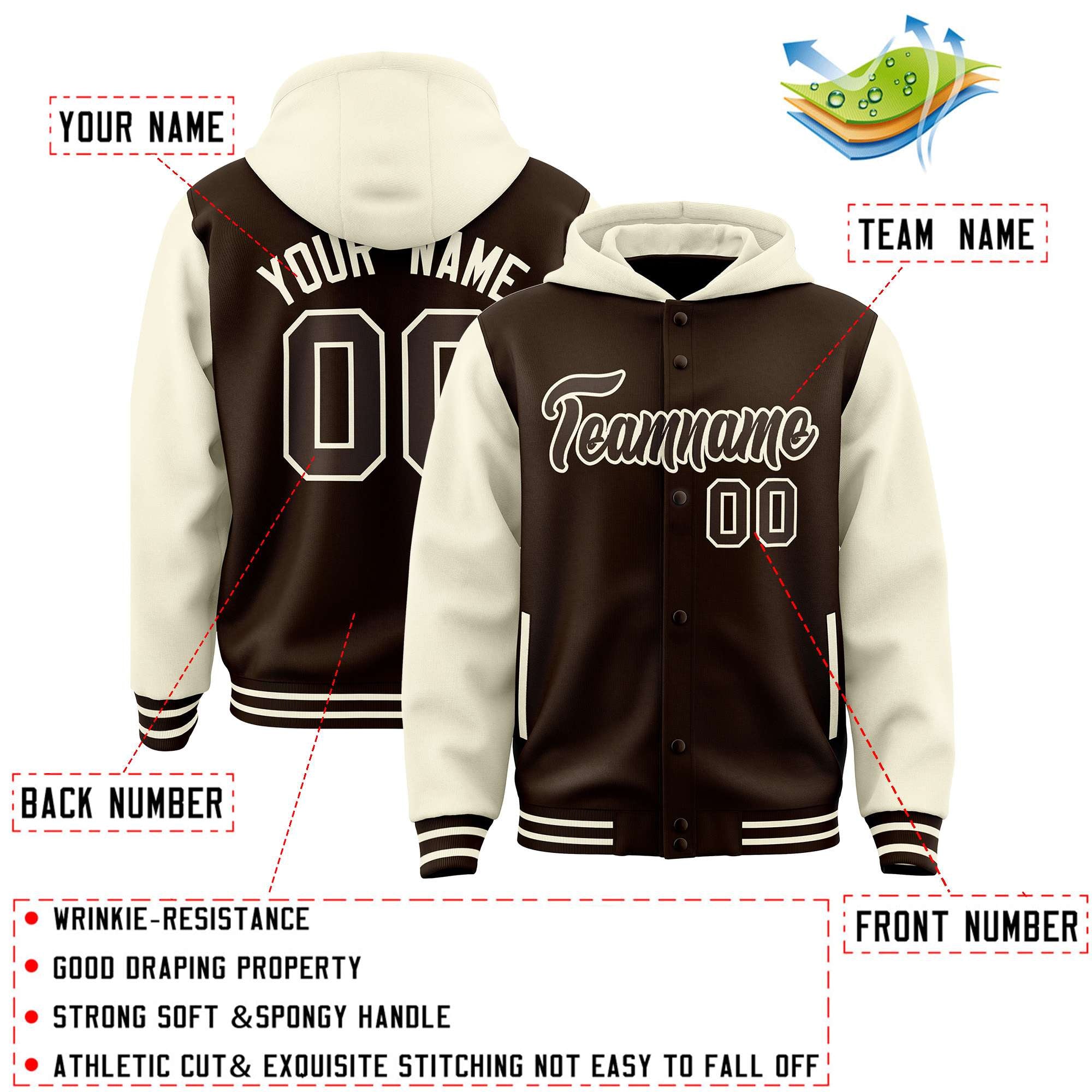 Stay Cozy and Stylish with Our Customizable Brown Cream Varsity Full-Snap Hoodie Jacket