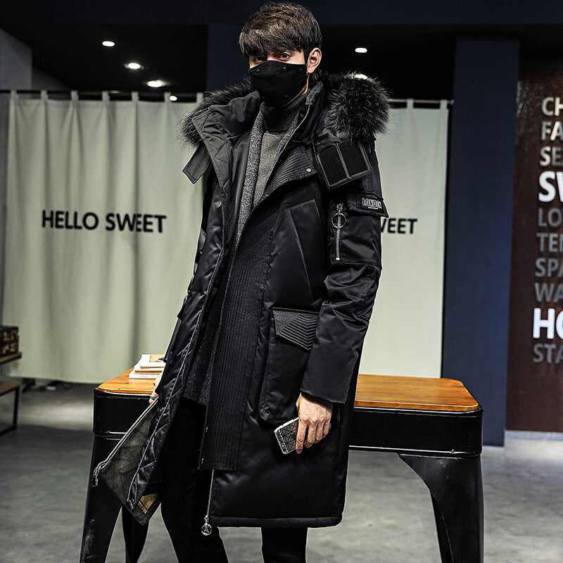 2021 new winter down jacket men's long fashion brand overalls hooded coat men's casual white eiderdown down jacket