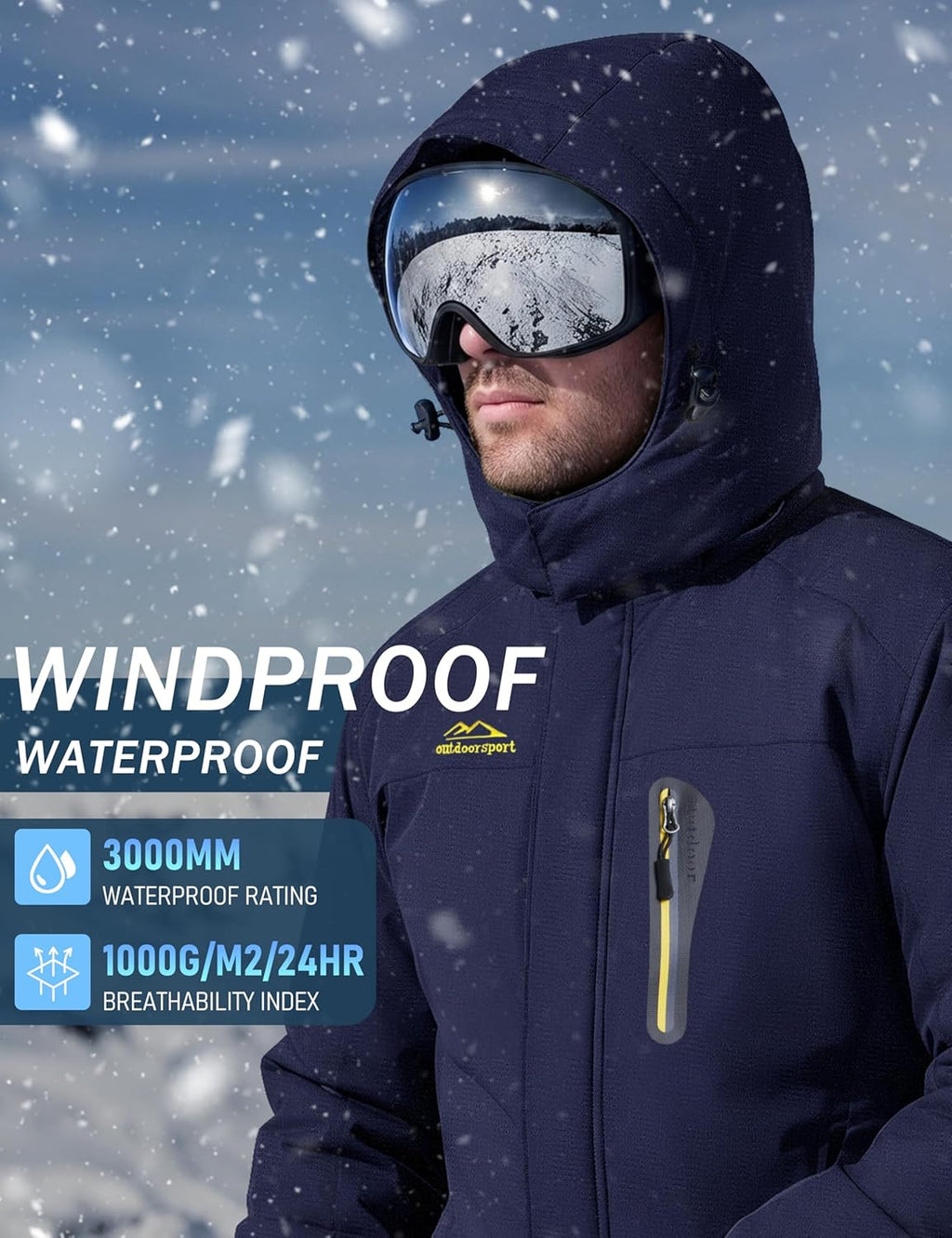 Men's Waterproof Winter Jacket Featuring Fleece Lining, Hood, and Multiple Pockets for Skiing and Snowboarding