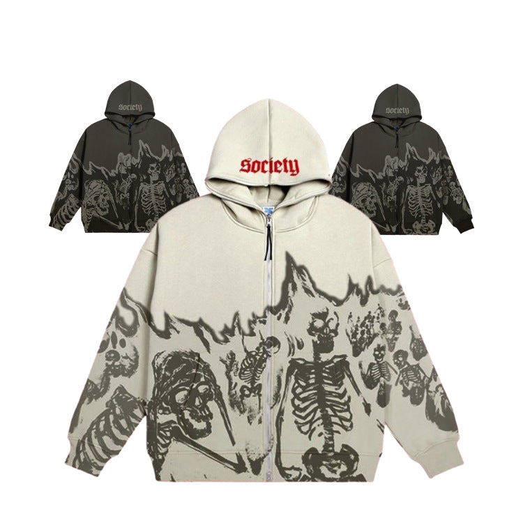 Amazon wish European and American couples street wear retro skull print Goth style zipper cardigan hoodie