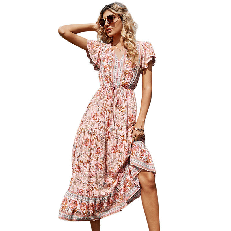 2022 Europe and the United States spring and summer new Lotus leaf short-sleeve V-neck strap pink printed mid-length women's dress wholesale