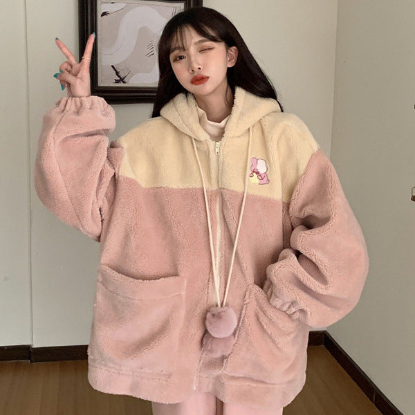 Japanese lamb cashmere coat female 2022 autumn and winter new sweet cute zipper hoodie cross-border hair wholesale
