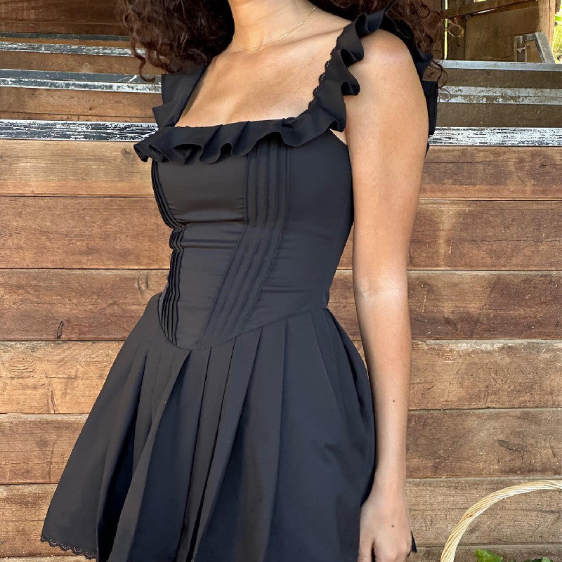 Foreign trade Amazon ins Europe and the United States summer new French style temperament square collar wooden ear side fishbone corset dress female