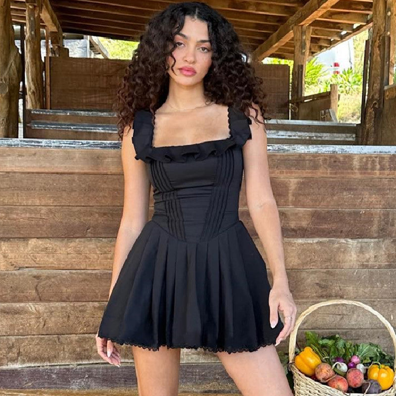 Foreign trade Amazon ins Europe and the United States summer new French style temperament square collar wooden ear side fishbone corset dress female
