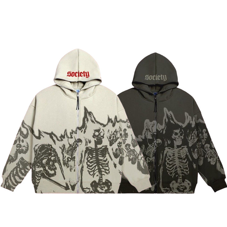 Amazon wish European and American couples street wear retro skull print Goth style zipper cardigan hoodie