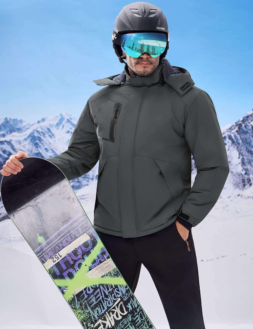 Men's Waterproof Ski Jacket - Insulated Windproof Winter Coat with Fleece Lining and Hood